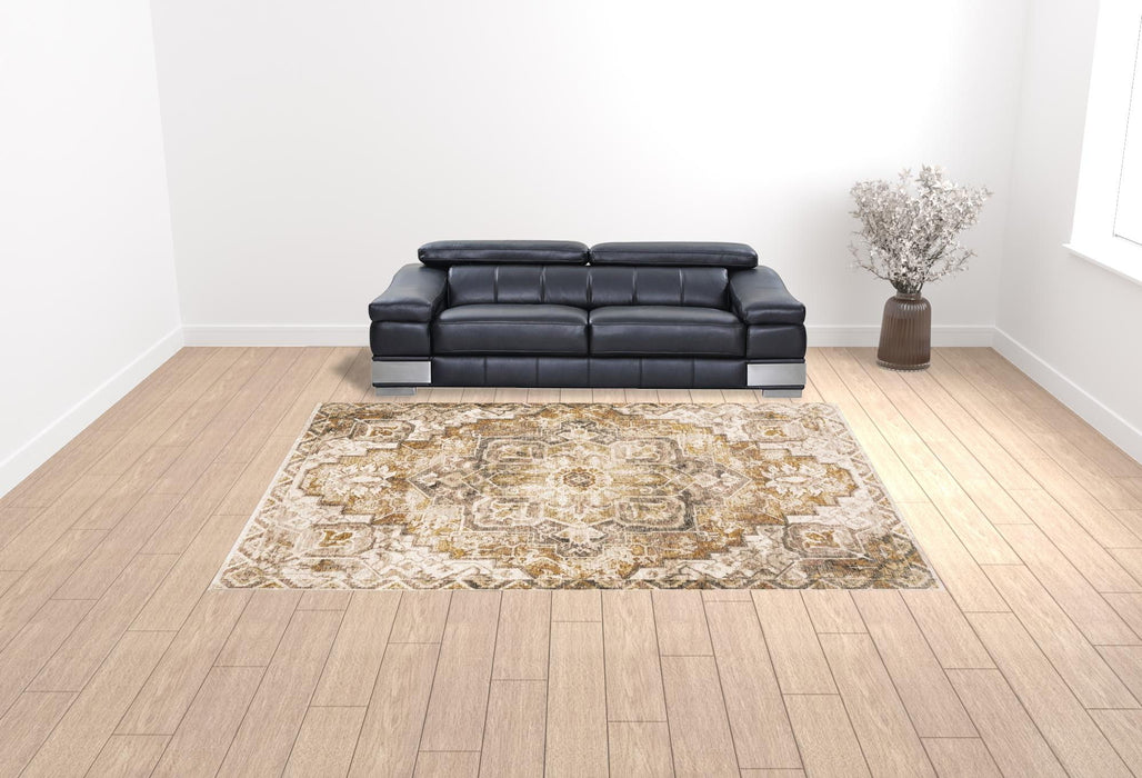 10' x 13' Oriental Power Loom Stain Resistant Polyester Area Rug With Fringe - Gold And Ivory