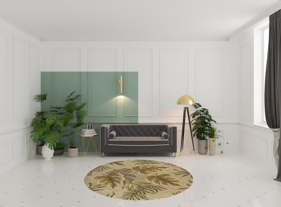 8' Hand Tufted Tropical Leaves Round Indoor Area Rug - Sand Beige