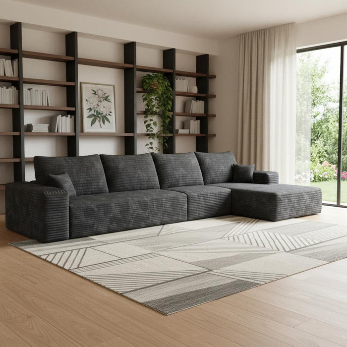 135" Corduroy Modular Compression Foam Sofa With Toss Pillows - Black