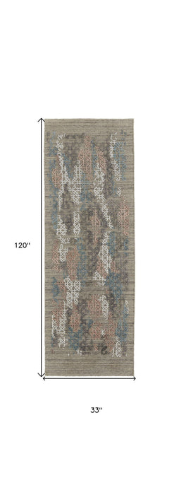 10' Abstract Hand Woven Runner Rug - Pink Blue And Taupe