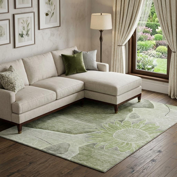 8' X 10' Floral Washable Area Rug With UV Protection (656781) - Artichoke Green / Gray / Ivory