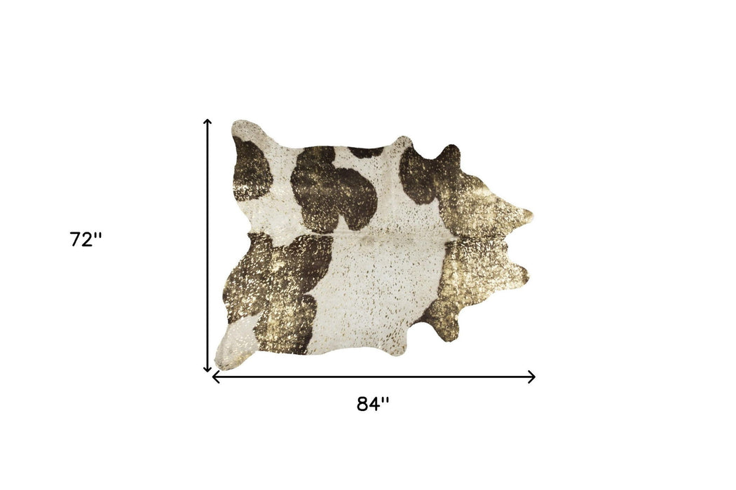 6' x 7' Natural Cowhide Area Rug - Dark Brown White And Gold