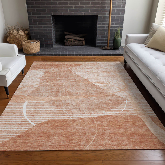 8' X 10' Abstract Geometric Washable Area Rug With UV Protection - Salmon And Ivory