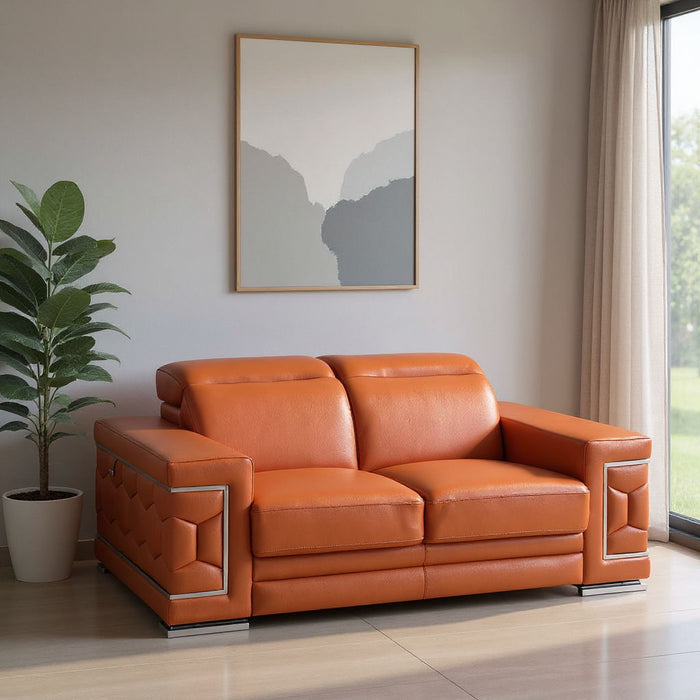 Genuine Leather Love Seat - Camel / Silver