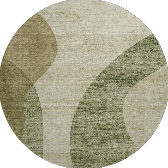 8' Geometric Washable Round Rug With UV Protection (654823) - Beige / Olive Green