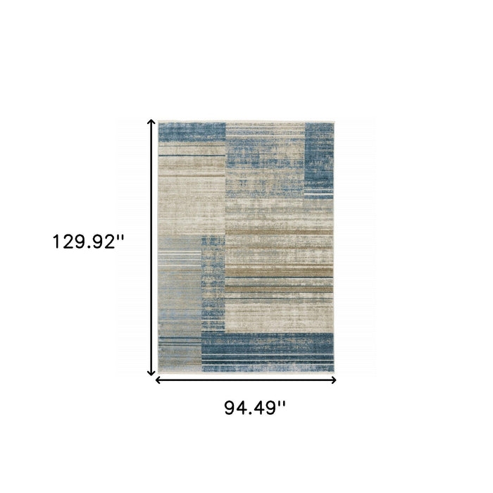 8' x 11' Geometric Power Loom Stain Resistant Area Rug With Fringe - Blue Dark Blue Teal Gray Ivory Beige And Tan