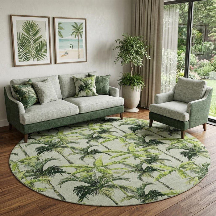 8' Geometric Washable Round Rug With UV Protection (646364) - Green / Ivory / Charcoal