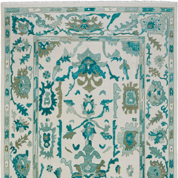 9' X 13' Wool Floral Hand Knotted Area Rug With Fringe - Green And Ivory