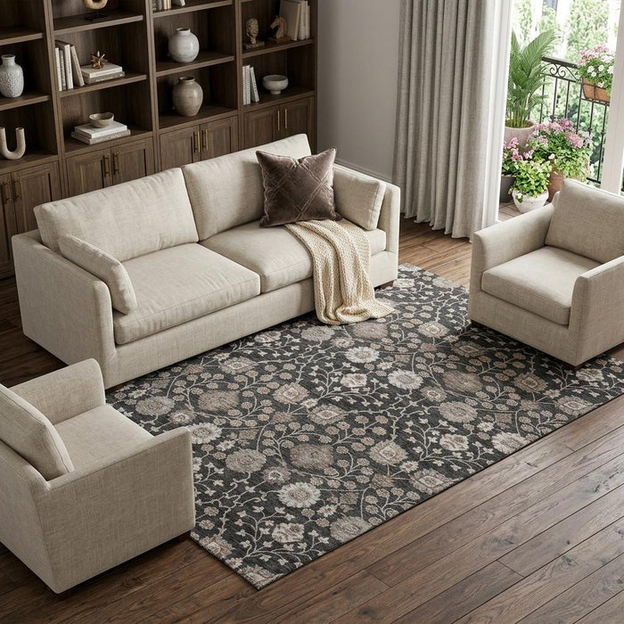 10' X 14' Floral Washable Area Rug With UV Protection (686999) - Black / Beige / Brown