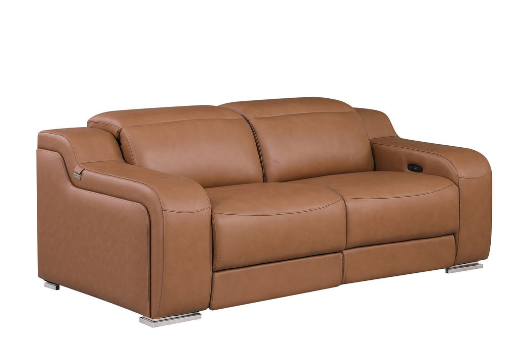 Italian Leather Power Reclining Loveseat With Storage (633752) - Cognac / Silver