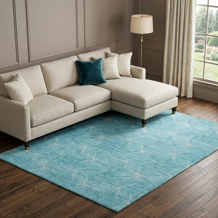 10' X 14' Geometric Washable Area Rug With UV Protection (676542) - Aqua / Ivory