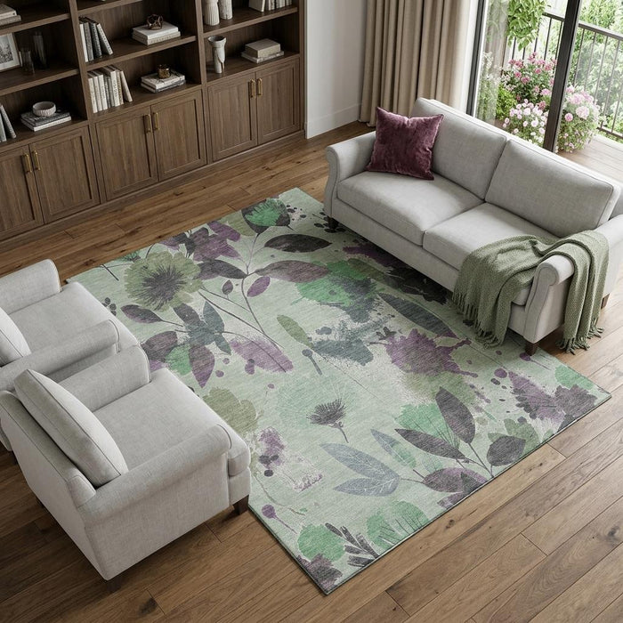 10' X 14' Floral Washable Area Rug With UV Protection (694382) - Sage / Lavender / Gray