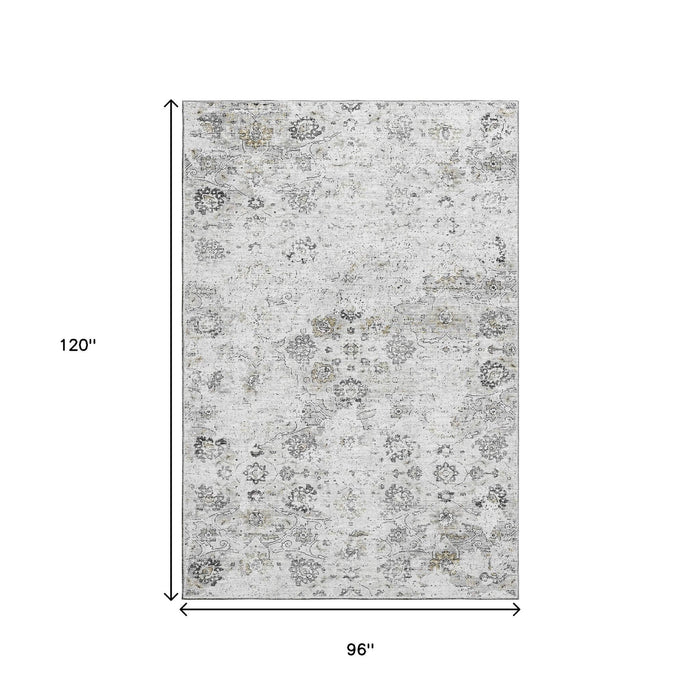 8' X 10' Floral Medallion Distressed Washable Area Rug With UV Protection (644202) - Light Gray / Charcoal