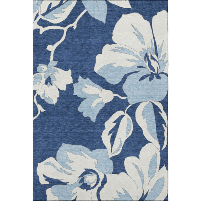 10' X 14' Floral Washable Area Rug With UV Protection (667999) - Navy Blue / Ivory