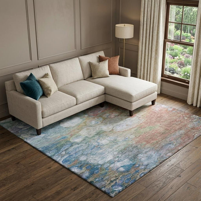 9' X 12' Abstract Washable Area Rug With UV Protection (656716) - Coral / Blue / Ivory