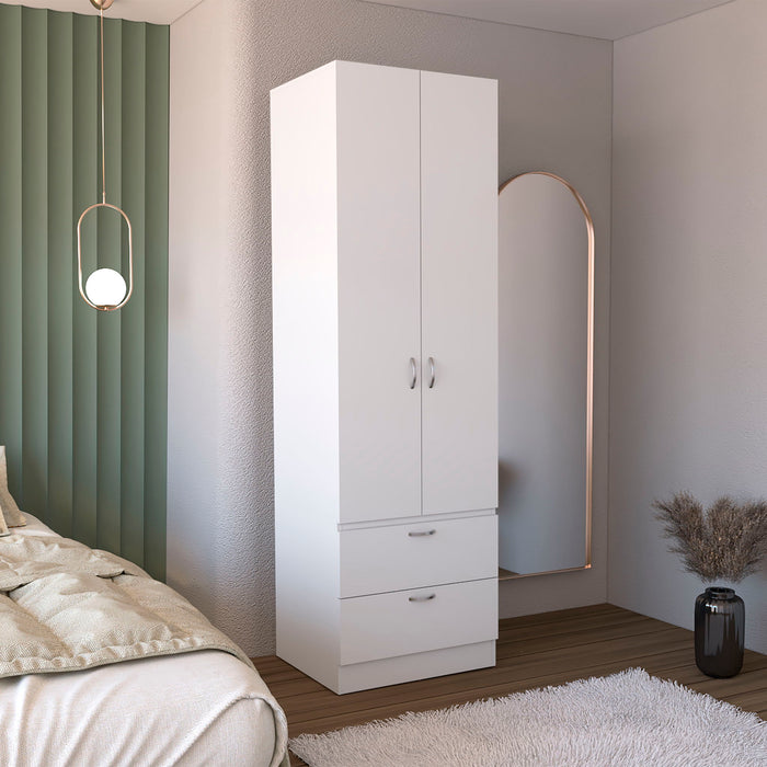Giga wardrobe armoire with double doors, two shelves, and a rod for clothing storage, made of wood in a modern design.