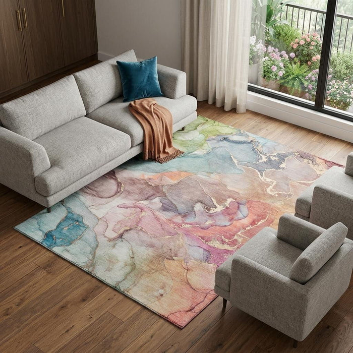 10' X 14' Abstract Washable Area Rug With UV Protection (646488) - Blue / Green / Rust