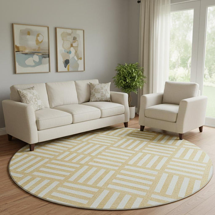 8' Geometric Washable Round Rug With UV Protection (652356) - Gold / Ivory