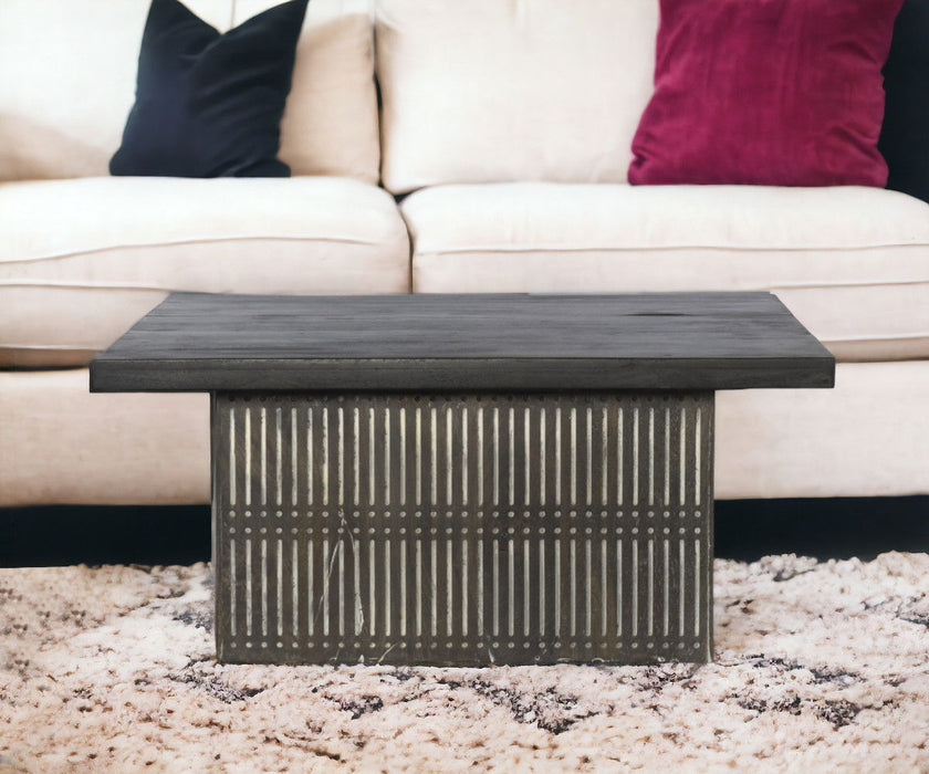 Carved Wood Storage Coffee Table - Rustic Brown