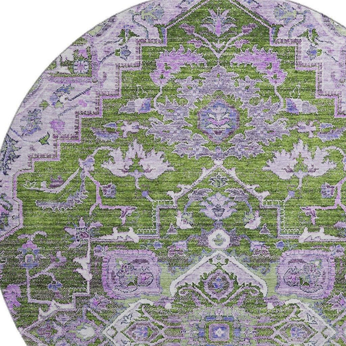 8' Floral Medallion Washable Round Rug With UV Protection - Olive Green