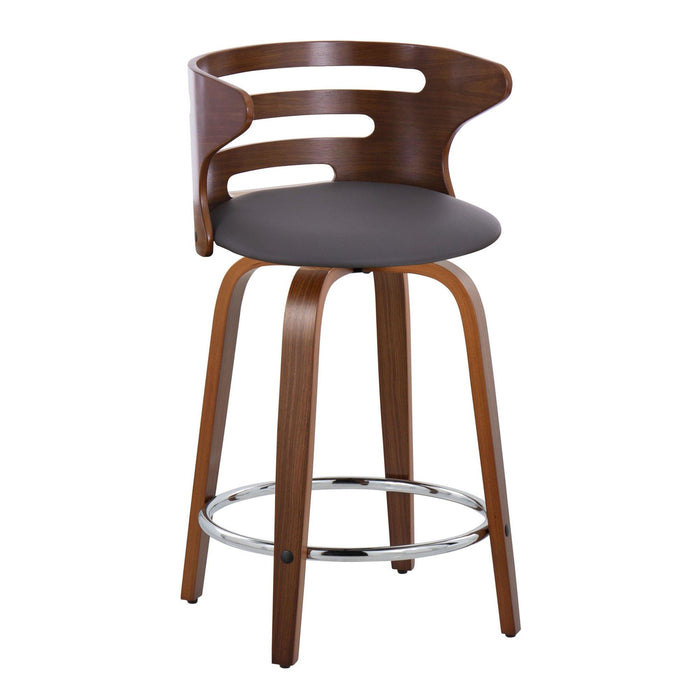 Cosi - 24" Fixed-Height Counter Stool With Swivel And Round Chrome Metal Footrest (Set of 2) - Walnut Wood And Brown Faux Leather