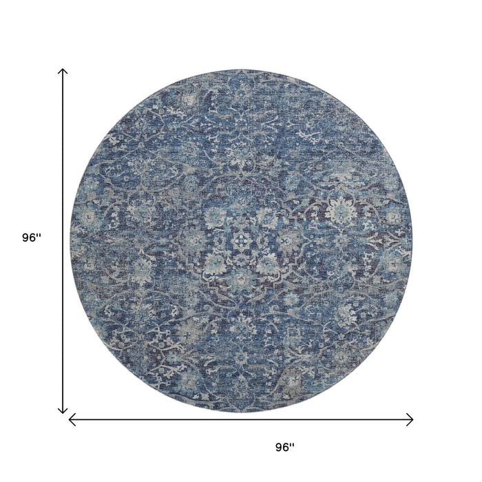 8' Floral Medallion Distressed Washable Round Rug With UV Protection (644219) - Blue / Gray