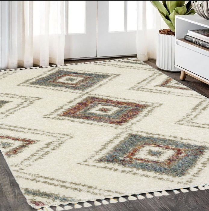 5' X 8' Southwestern Shag Area Rug With Fringe - Ivory