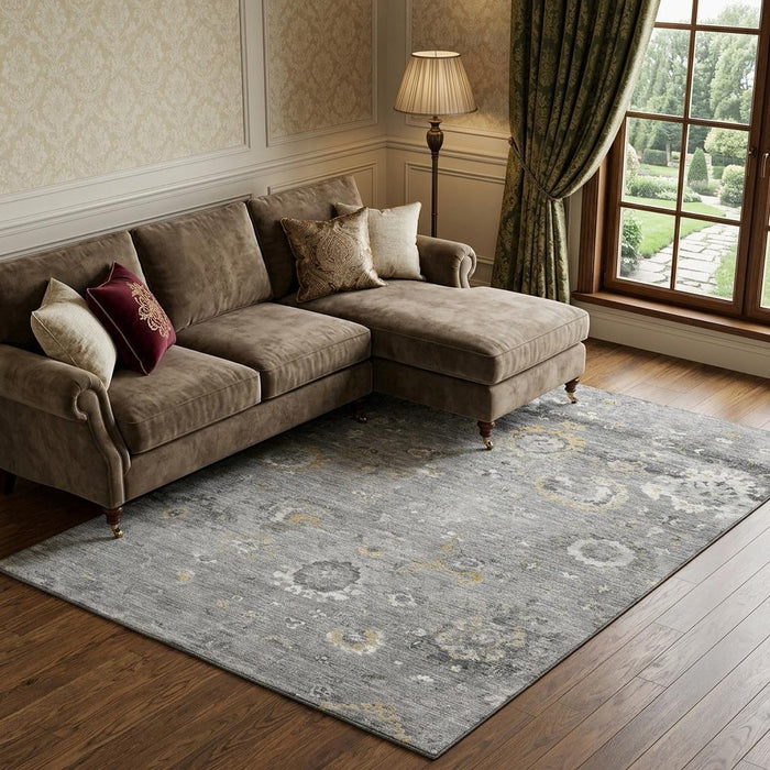 10' X 14' Oriental Washable Area Rug With UV Protection (693270) - Gray / Gold / Ivory
