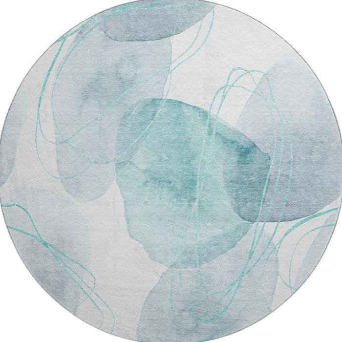 8' Abstract Washable Round Rug With UV Protection (648439) - Teal / Ivory