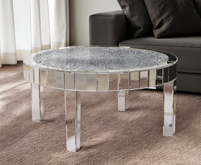 31" Mirro Glass And Faux Crystal Round Coffee Table - Silver