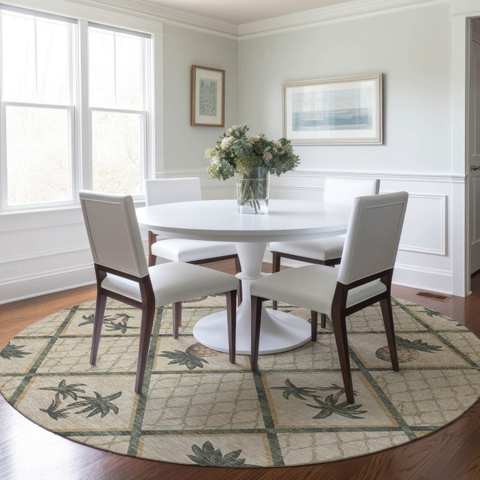 8' Boical Leaves Washable Round Rug With UV Protection - Beige