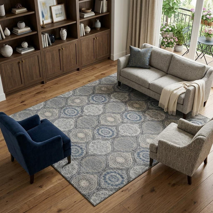 10' X 14' Ogee Washable Area Rug With UV Protection (677082) - Gray / Navy Blue / Beige