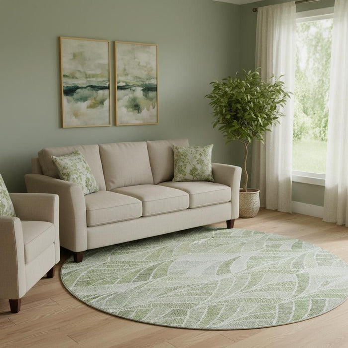 8' Geometric Washable Round Rug With UV Protection (667620) - Sage / Ivory