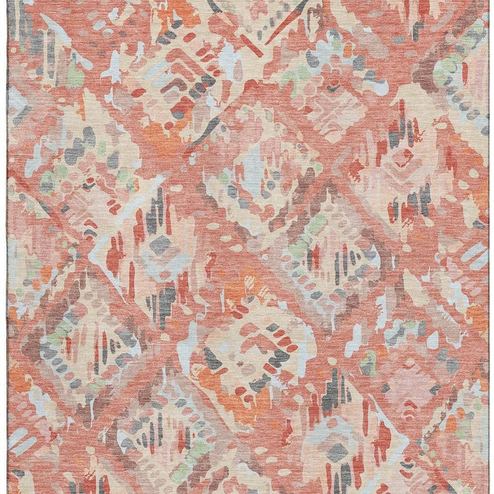 10' X 14' Geometric Washable Area Rug With UV Protection (693012) - Coral / Sky Blue / Mauve