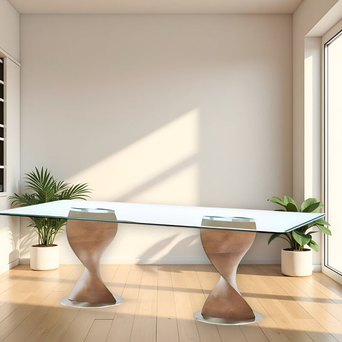 Double Pedestal Base Dining Table - Clear / Brown