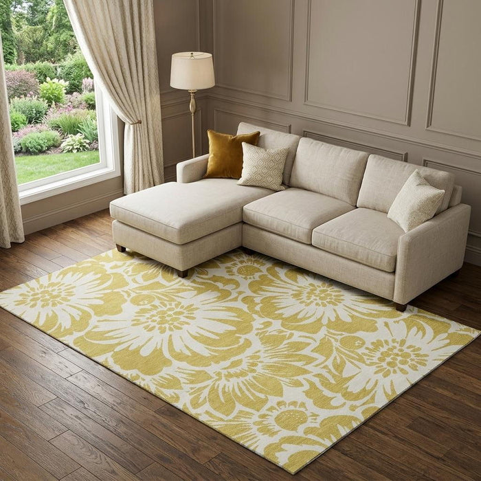 8' X 10' Floral Washable Area Rug With UV Protection (648644) - Gold / Ivory