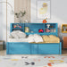 Giga industrial metal daybed with trundle, storage shelves, and USB ports, shown in a modern bedroom setting with bedding.