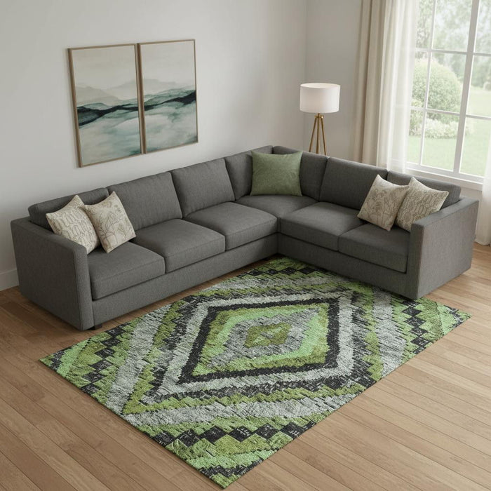 10' X 14' Diamond Washable Area Rug With UV Protection (707047) - Artichoke Green / Charcoal / Gray