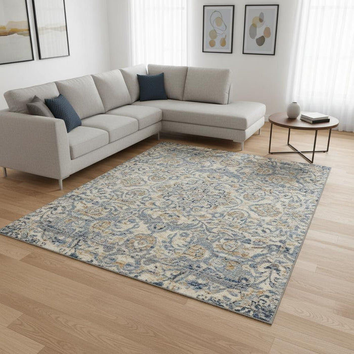 8' X 10' Floral Area Rug With Fringe (556385) - Blue / Gray / Cream