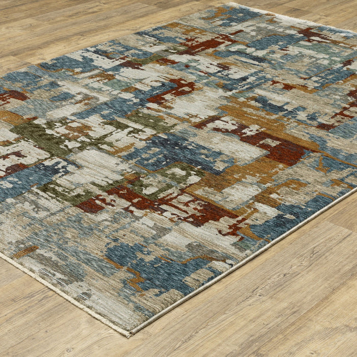 8' X 11' Abstract Distressed Area Rug With Fringe - Beige And Teal
