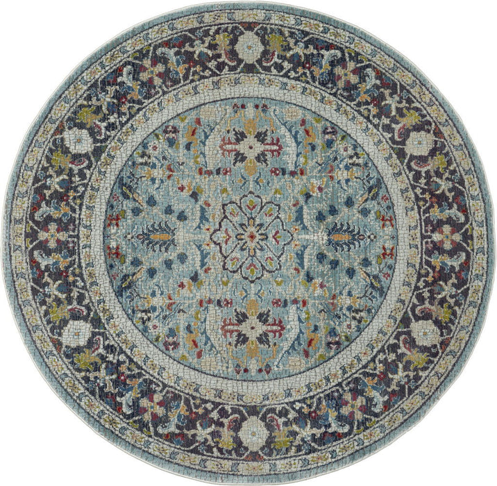 4' Floral Distressed Round Rug (550525) - Sky Blue