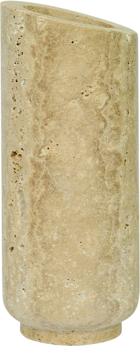 Lochlan Meridian Furniture travertine vase with a smooth, rounded body and narrow neck, ideal for home decor or floral arrangements.