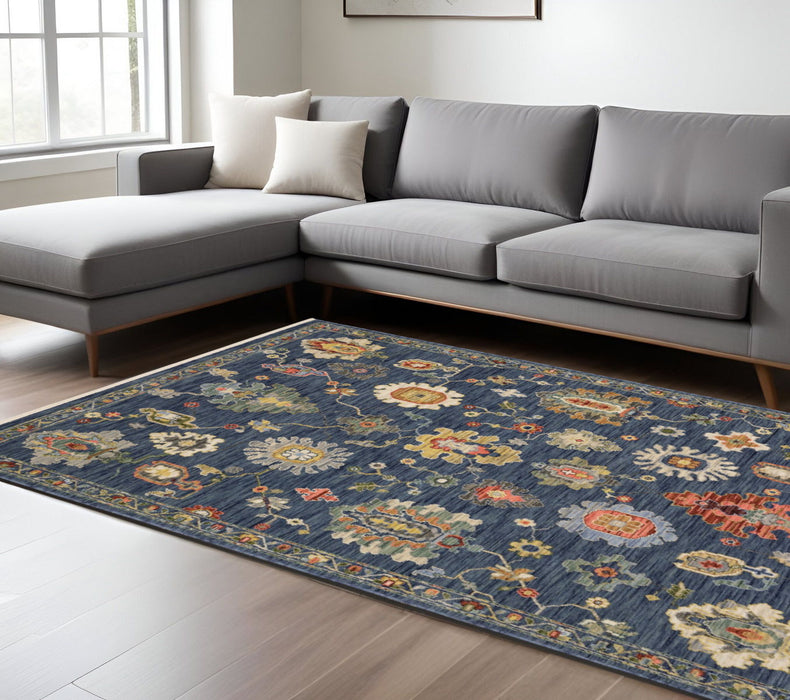 7' X 10' Oriental Area Rug With Fringe - Blue / Yellow