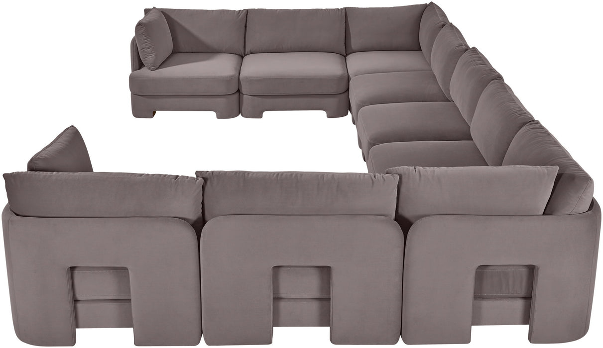 Velvet performance fabric upholstered Meridian Furniture 9-piece stationary sectional sofa with multiple seating sections.