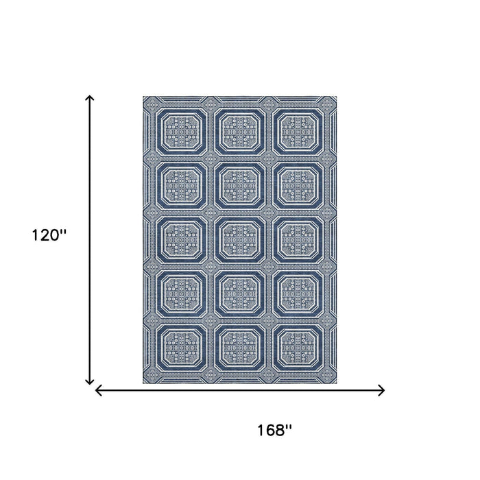10' X 14' Geometric Washable Area Rug With UV Protection (693816) - Navy Blue / Ivory
