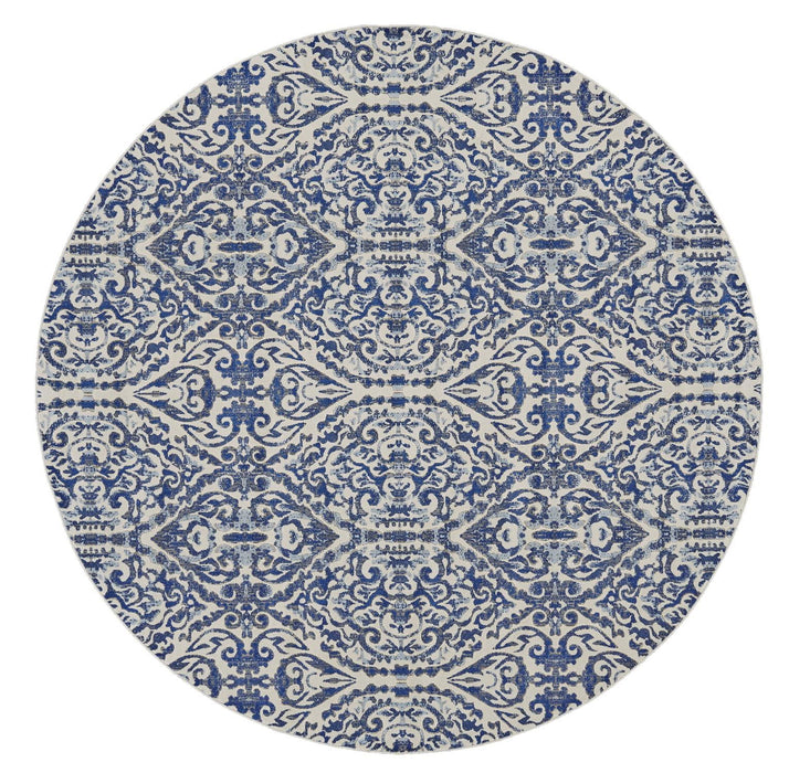 9' Round Floral Distressed Area Rug - Blue And Ivory