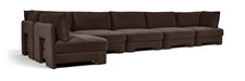Meridian Furniture velvet performance fabric 6-piece L-shaped armless sectional sofa in a stationary living room setup