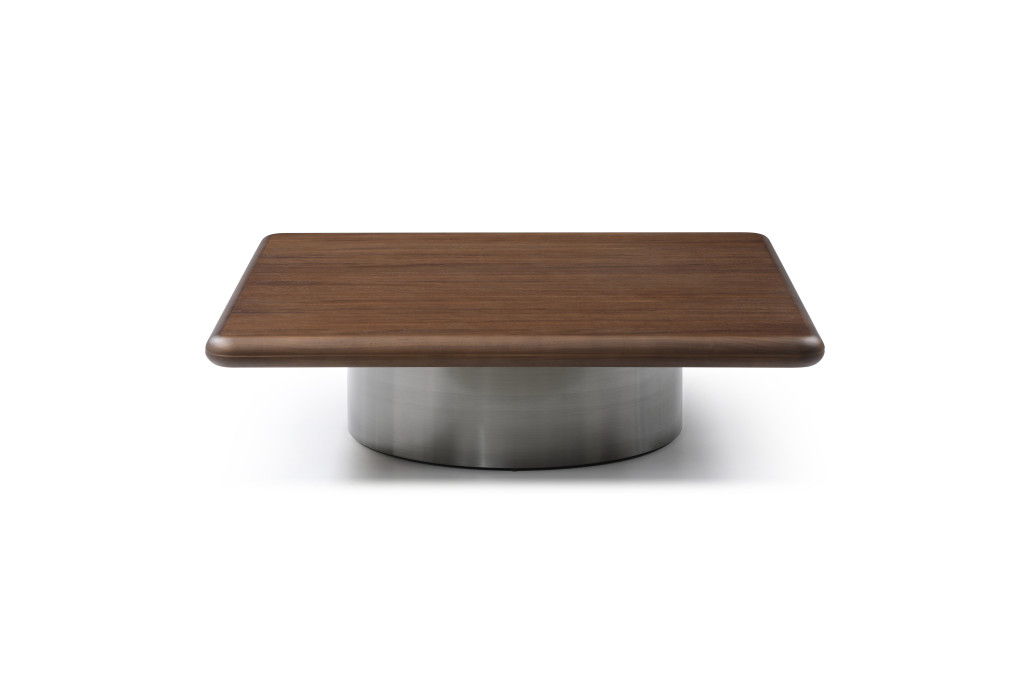 HomeRoots square coffee table with a brown wood top and silver stainless steel pedestal base, modern design for living rooms.