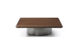 HomeRoots square coffee table with a brown wood top and silver stainless steel pedestal base, modern design for living rooms.