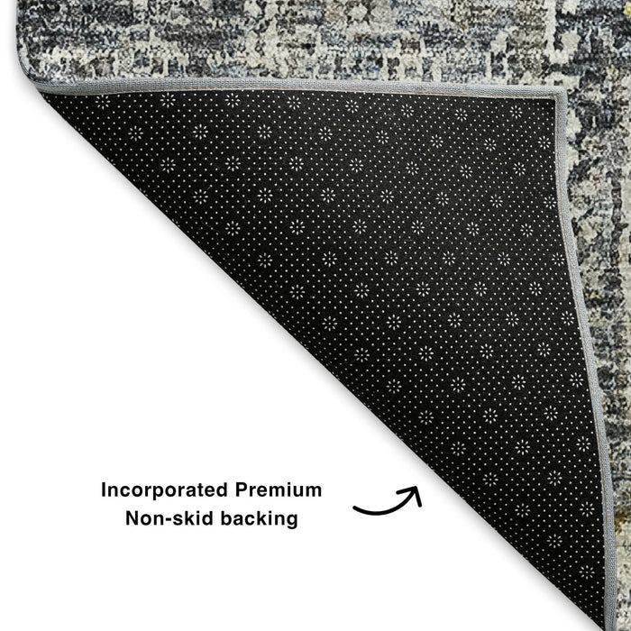 10' X 14' Floral Washable Area Rug With UV Protection (653368) - Charcoal / Ivory / Gold
